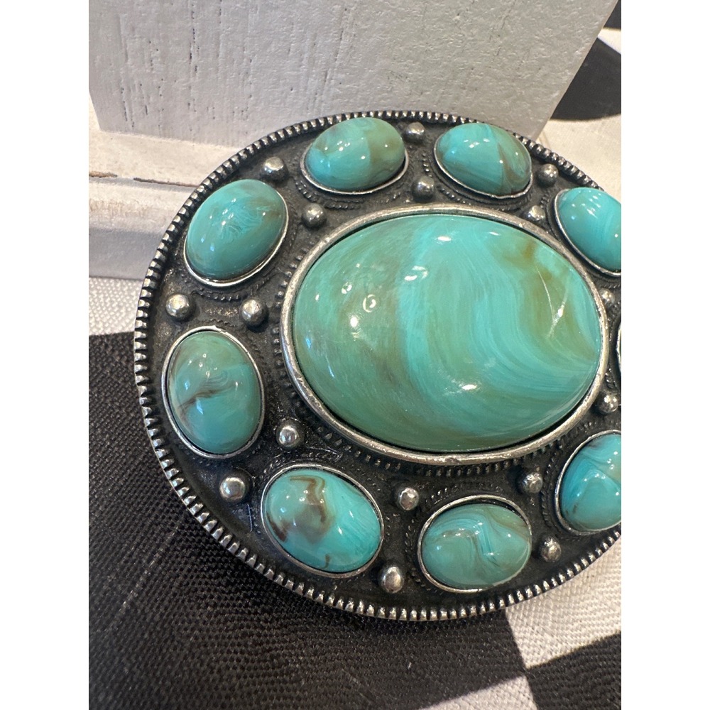 Vintage Western Faux Turquoise Silver Tone Oval Belt Buckle cowboy Boho - Picture 2 of 6